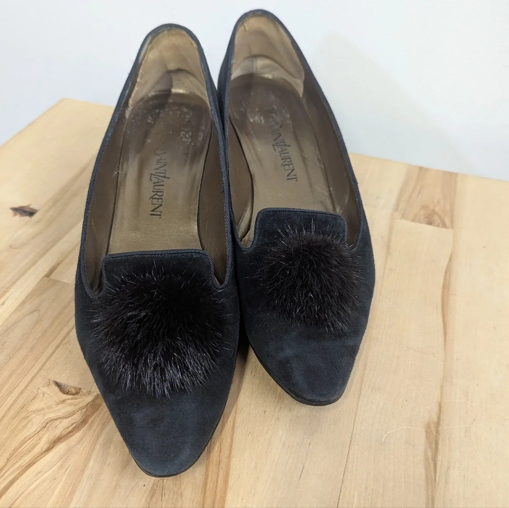 Vintage YSL Yves Saint Laurent Black Suede Shoes Low Heel Mink Pom Pom 9.5N 8